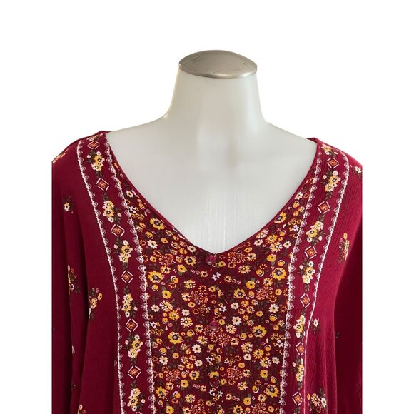 Lee Womens Floral Print Blouse Medium 100%‎ Rayon Burgundy V-Neck Long Sleeve - Picture 6 of 11